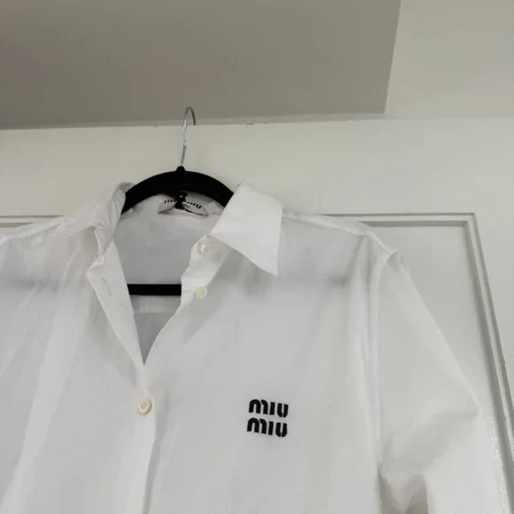 ❌SOLD❌NWT Miu Miu Shirt Dress Mini Length In White Sz 40 Long Sleeves Logo - Picture 6 of 9